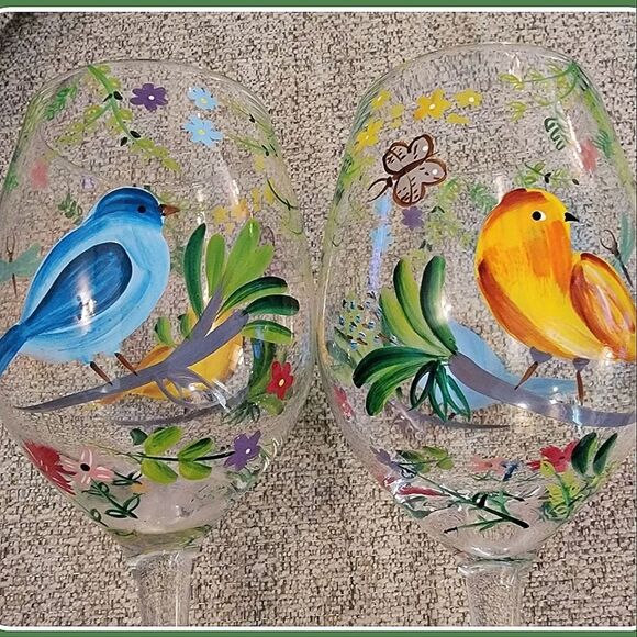 Pair (2) Tall 9" Painted #Wine Glasses #Tropical Birds Butterflies Leaves #NWOT - Picture 3 of 9